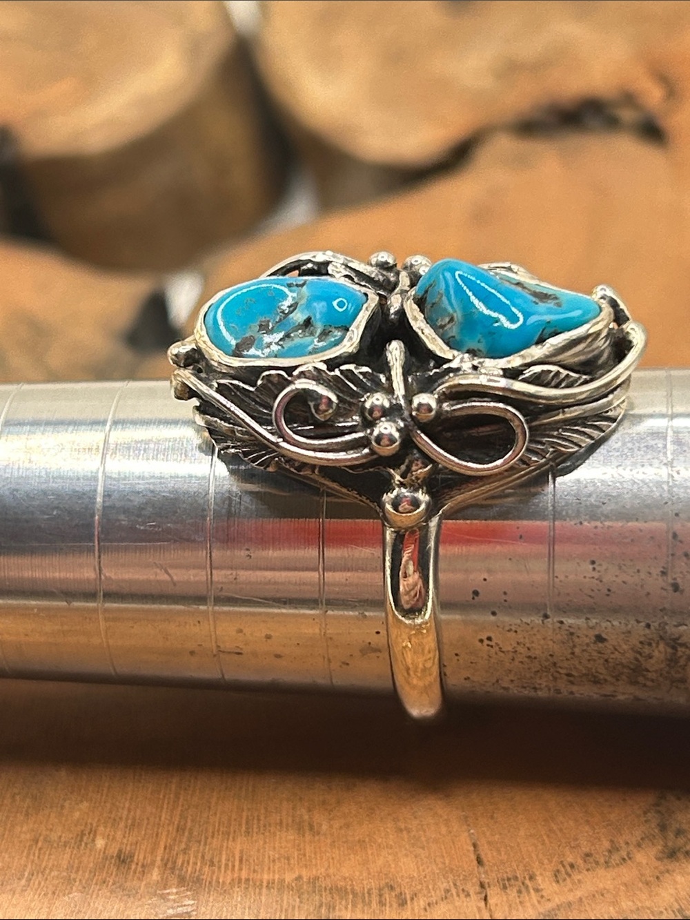 Navajo Ring Turquoise Nuggets Sz10 Sterling 925 Intricate Silver Work